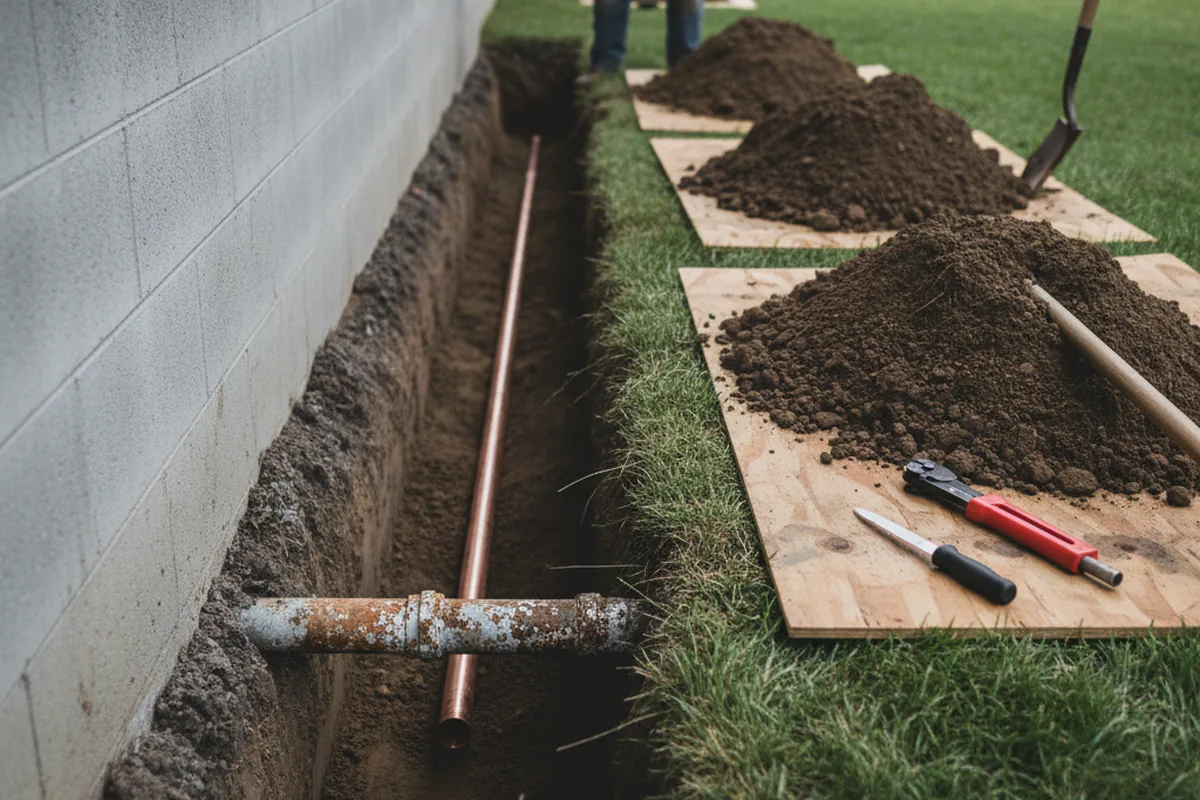 Excavated water line trench during Sewer Line Repair in Cheltenham